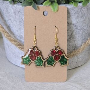 Handmade Resin Glitter Holly Earrings with Red and Green Accents